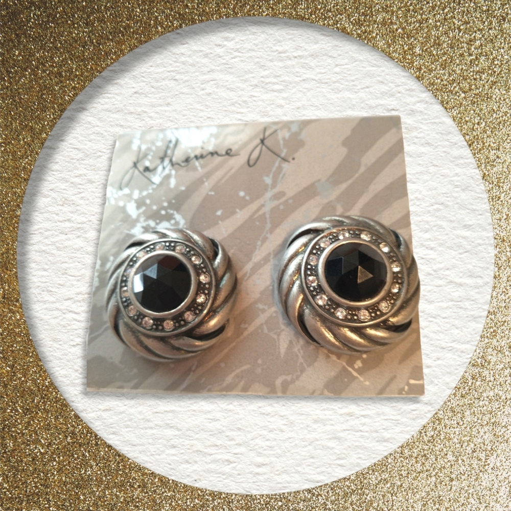 Katherine K vintage clip on earrings black faux faceted rhinestones‎